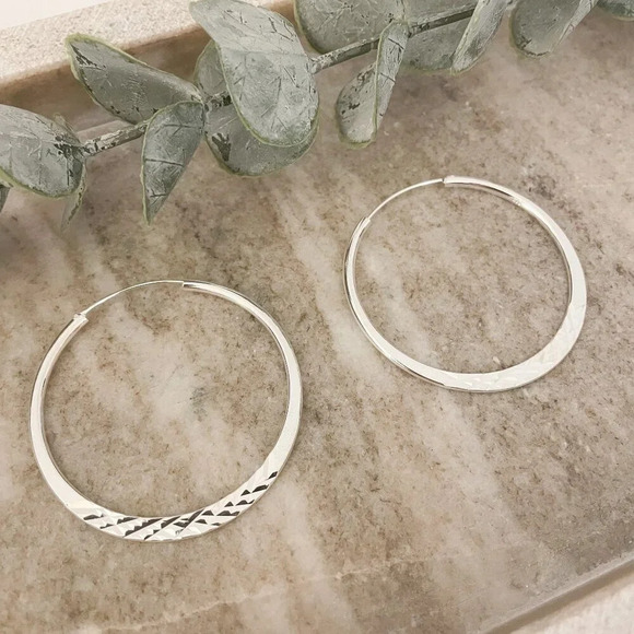 925 Sterling Silver Hoop Earrings Diamond Cut Textured Hoop Earrings - Picture 3 of 5